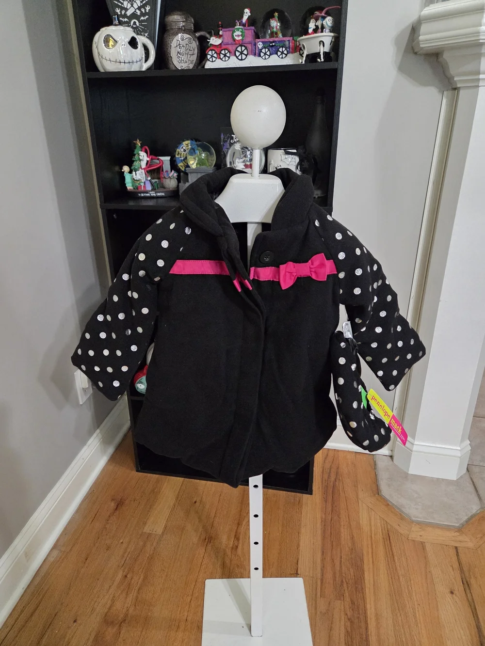 Penelope Mack Black Coat with White Polka Dots and Pink Bow Matching Hat